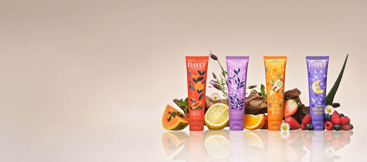 DAYLY vitamin-infused toothpaste lineup: RISE, UNWIND, ROCKET RISE and DREAM DROP with citrus, lavender, papaya and berries