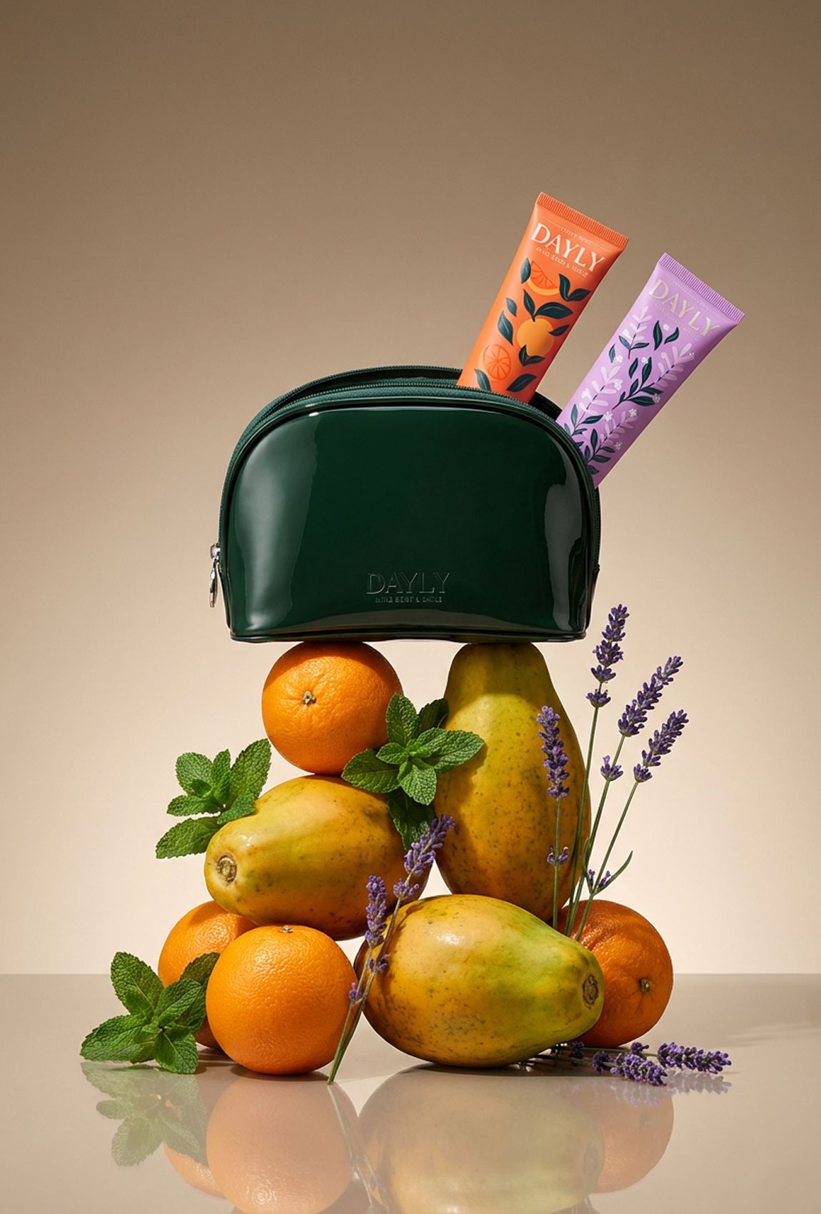 DAYLY RISE and UNWIND in a green toiletry bag balanced on oranges and papaya
