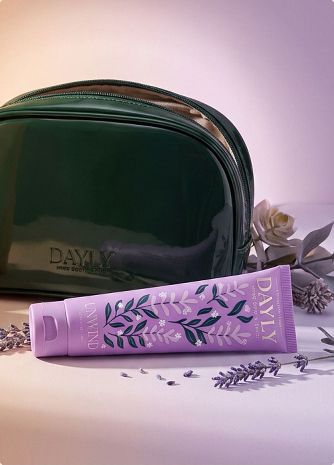 DAYLY UNWIND toothpaste beside a green travel pouch with dried lavender