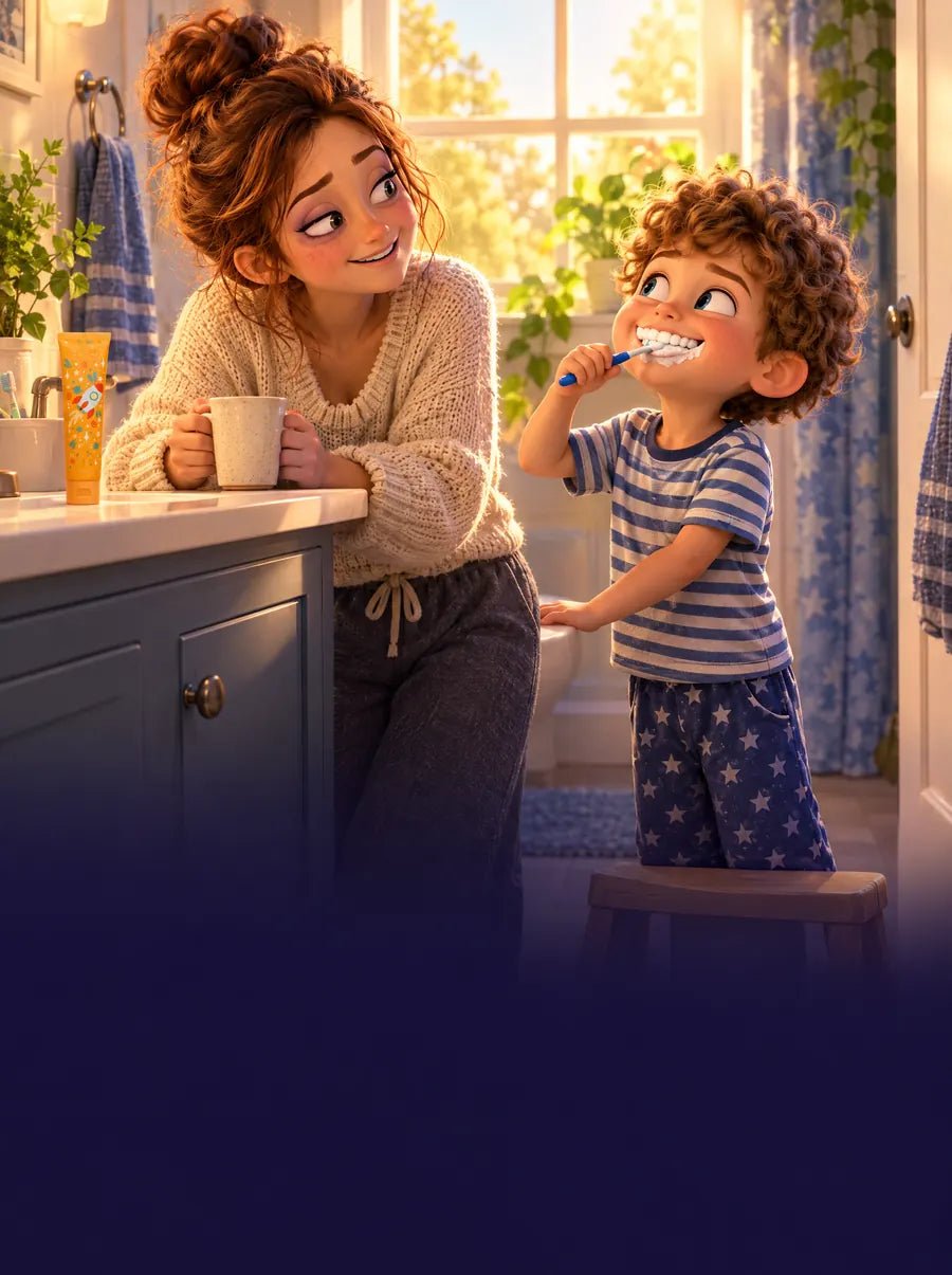 A smiling boy brushes his teeth while his mom laughs with a coffee mug