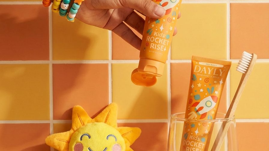 Child holding DAYLY Kids Rocket Rise toothpaste in a sunny bathroom
