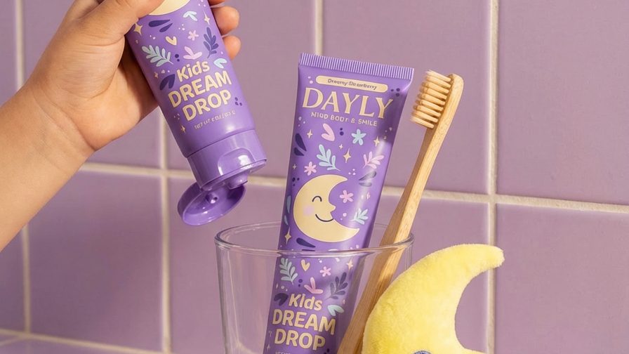 Child reaching for DAYLY Kids Dream Drop toothpaste with a smiling moon plush