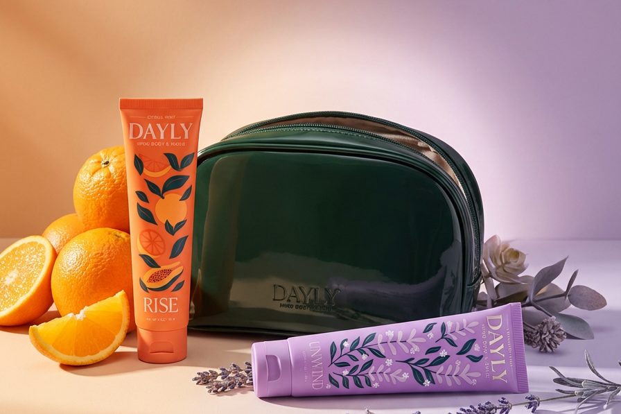 DAYLY Rise and Unwind toothpaste with a green travel bag, fresh oranges and lavender