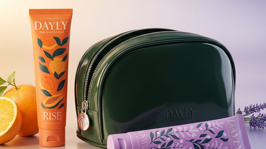 DAYLY Rise and Unwind toothpaste with a travel vanity bag