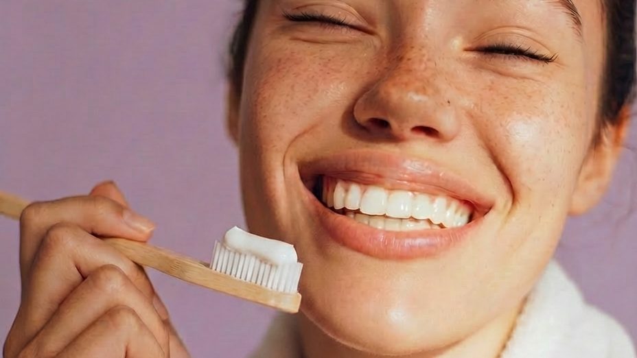 Woman smiling while brushing with a bamboo toothbrush