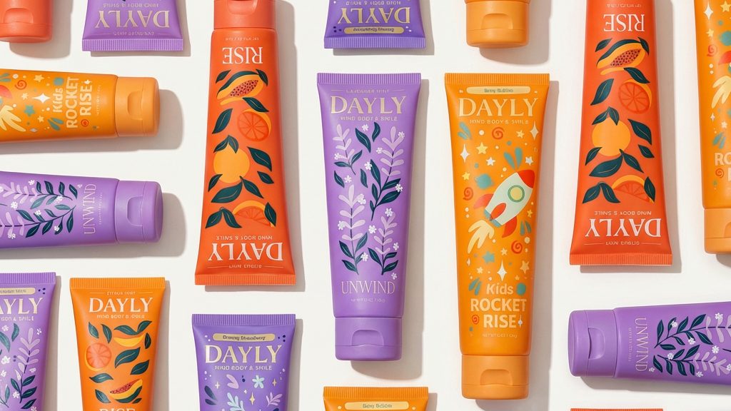 Flat lay of DAYLY toothpaste tubes in a repeating pattern