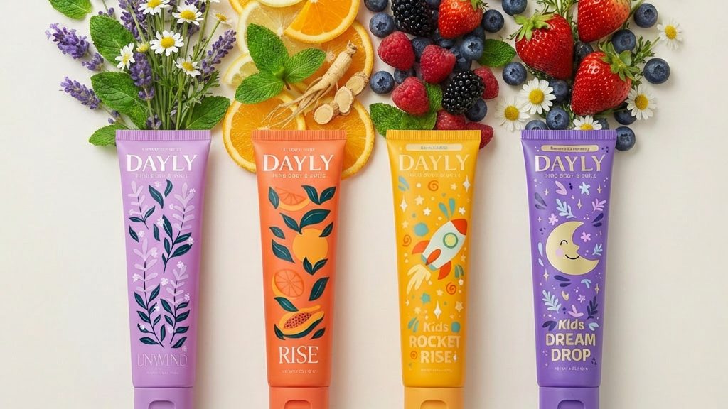 DAYLY toothpaste tubes with fruit, botanicals and berries as ingredients