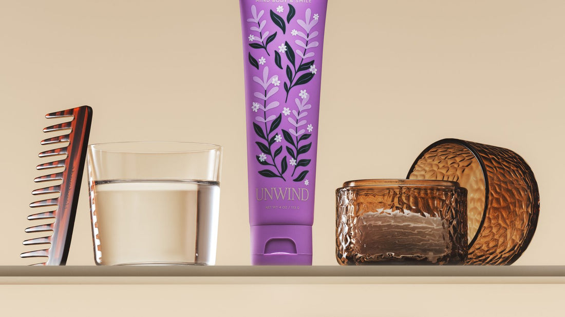 DAYLY Unwind toothpaste on a styled bathroom shelf