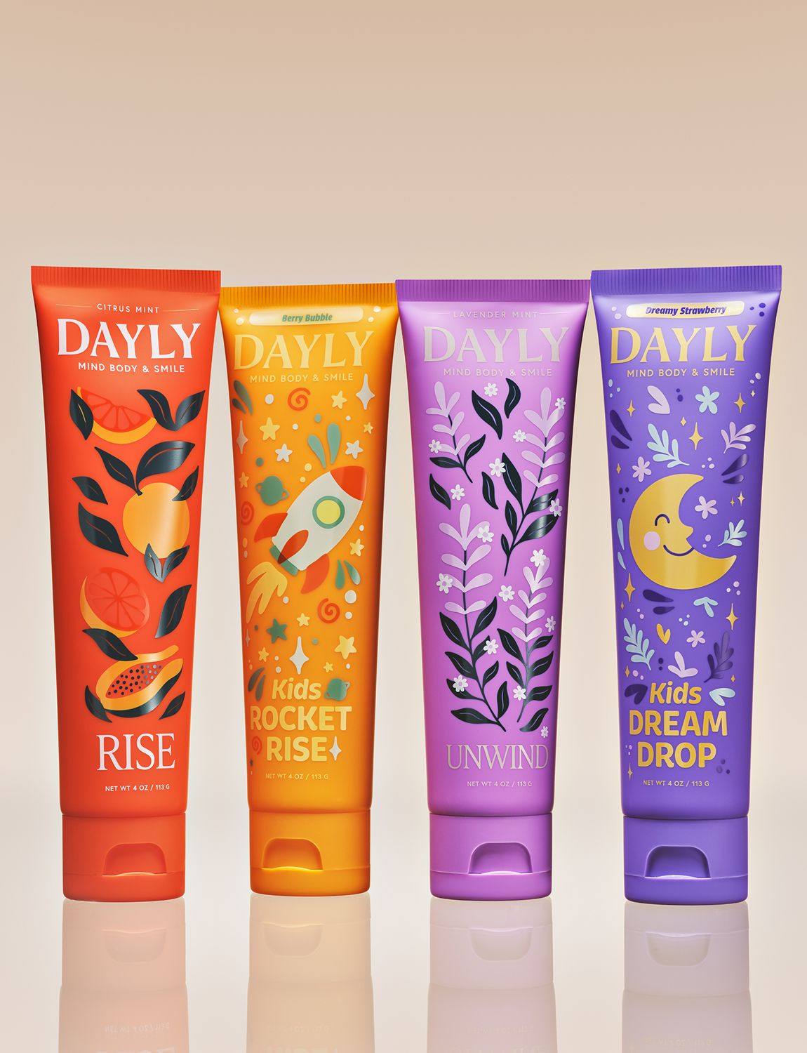 DAYLY RISE, ROCKET RISE, UNWIND and DREAM DROP toothpaste tubes standing in a row