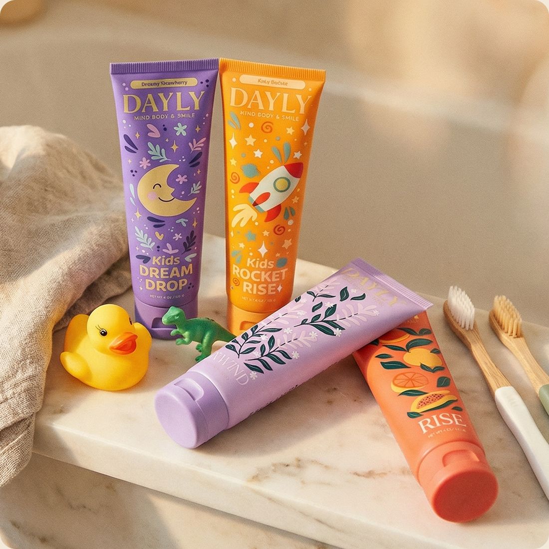 DAYLY DREAM DROP, ROCKET RISE, UNWIND and RISE tubes on a bathroom tray with a rubber duck