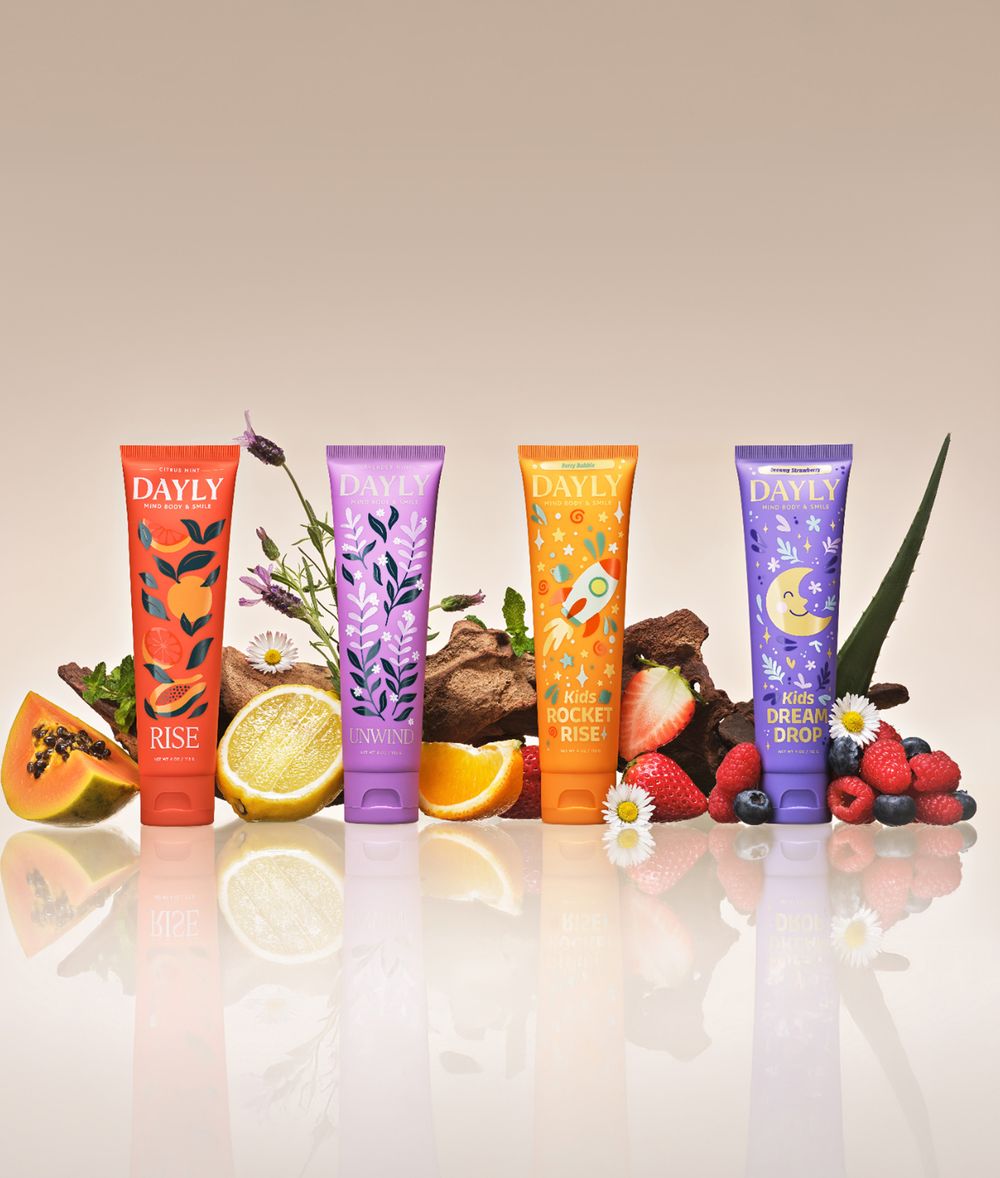 DAYLY RISE, UNWIND, ROCKET RISE and DREAM DROP tubes with fruit and botanicals