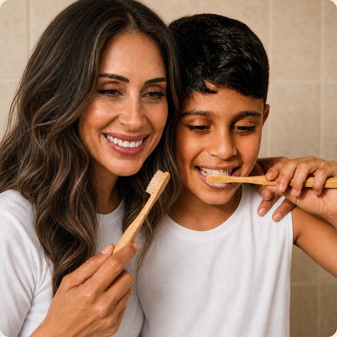 A mom and her son brushing their teeth together