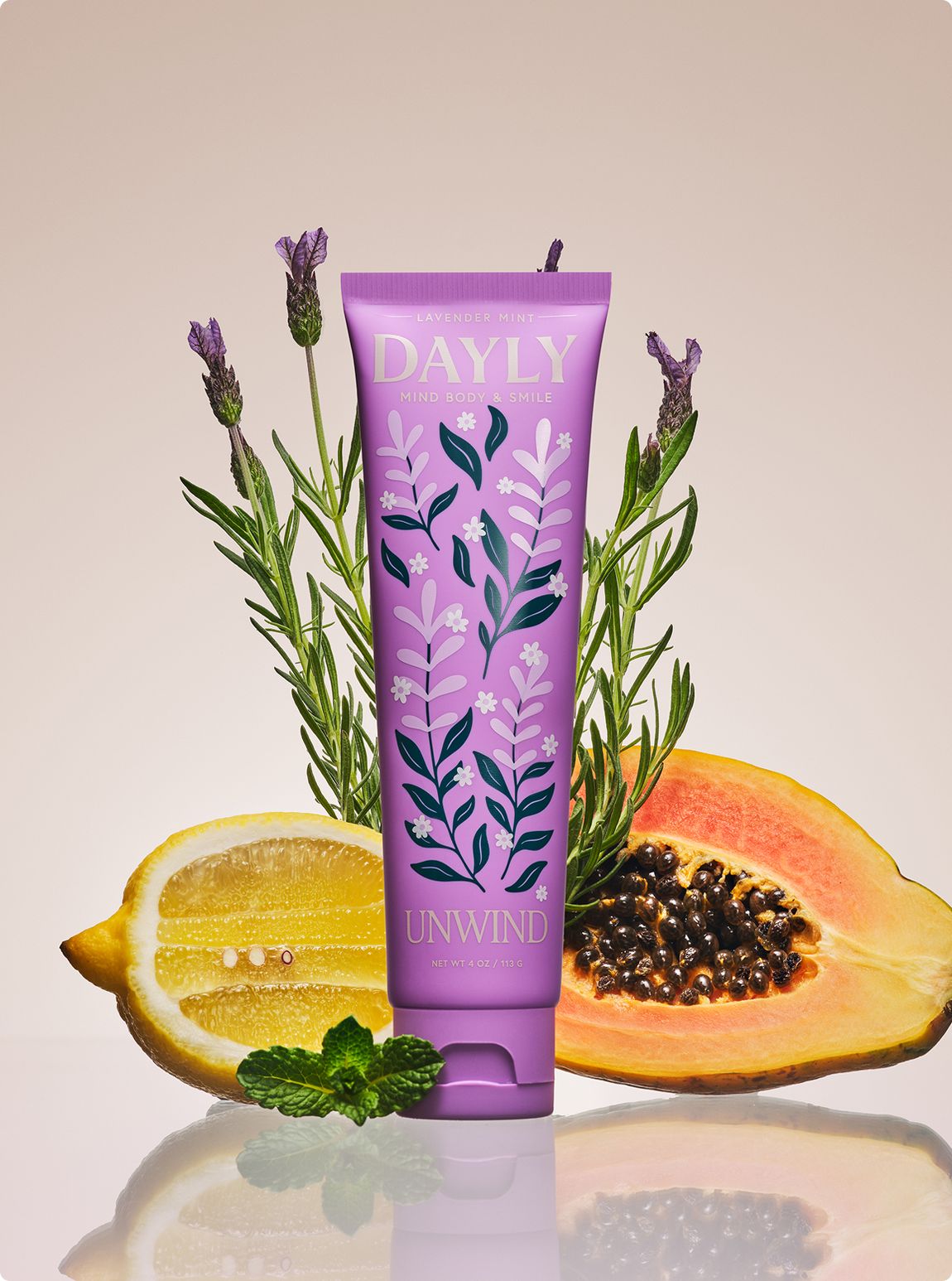 DAYLY UNWIND toothpaste with lavender sprigs, lemon and papaya