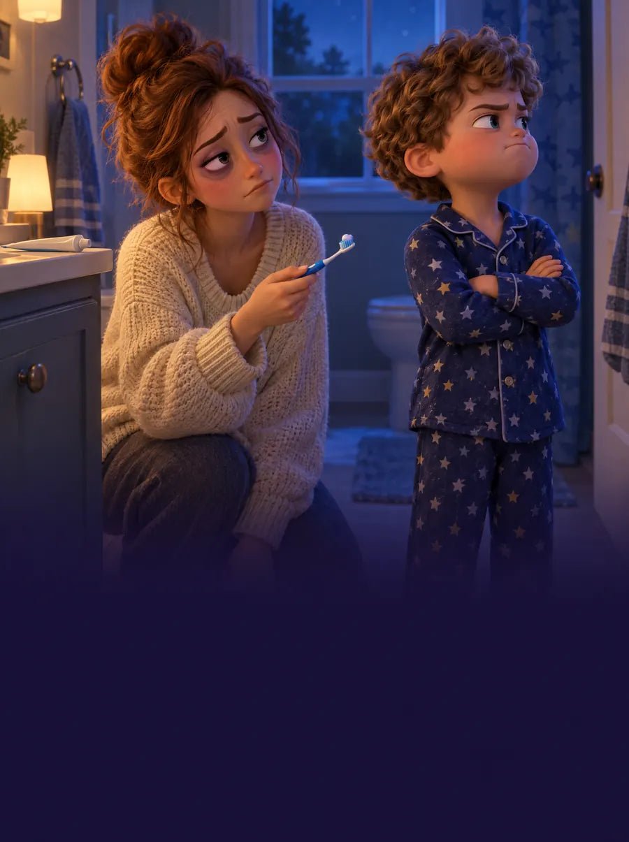 A tired mom holds a toothbrush while her son crosses his arms and refuses to brush