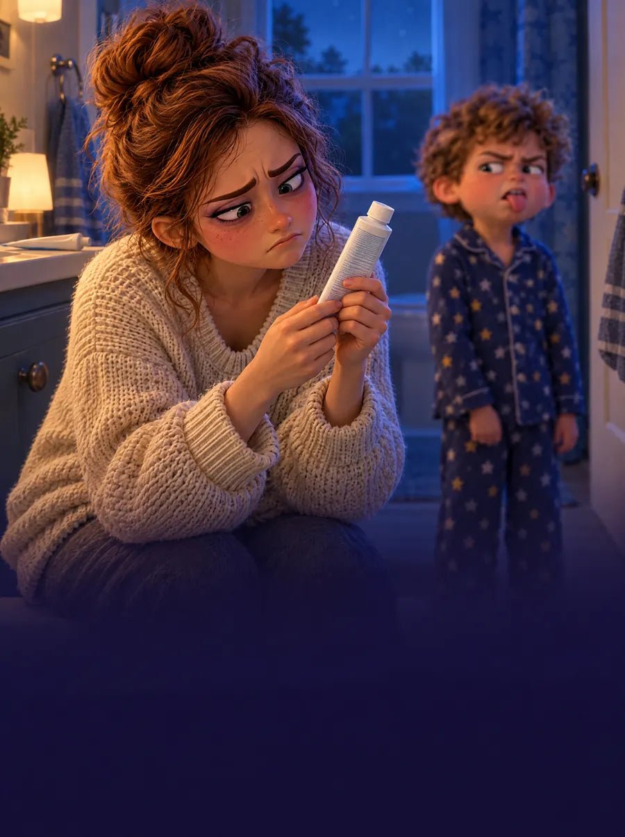 A mom frowns while reading the back of a kids toothpaste tube