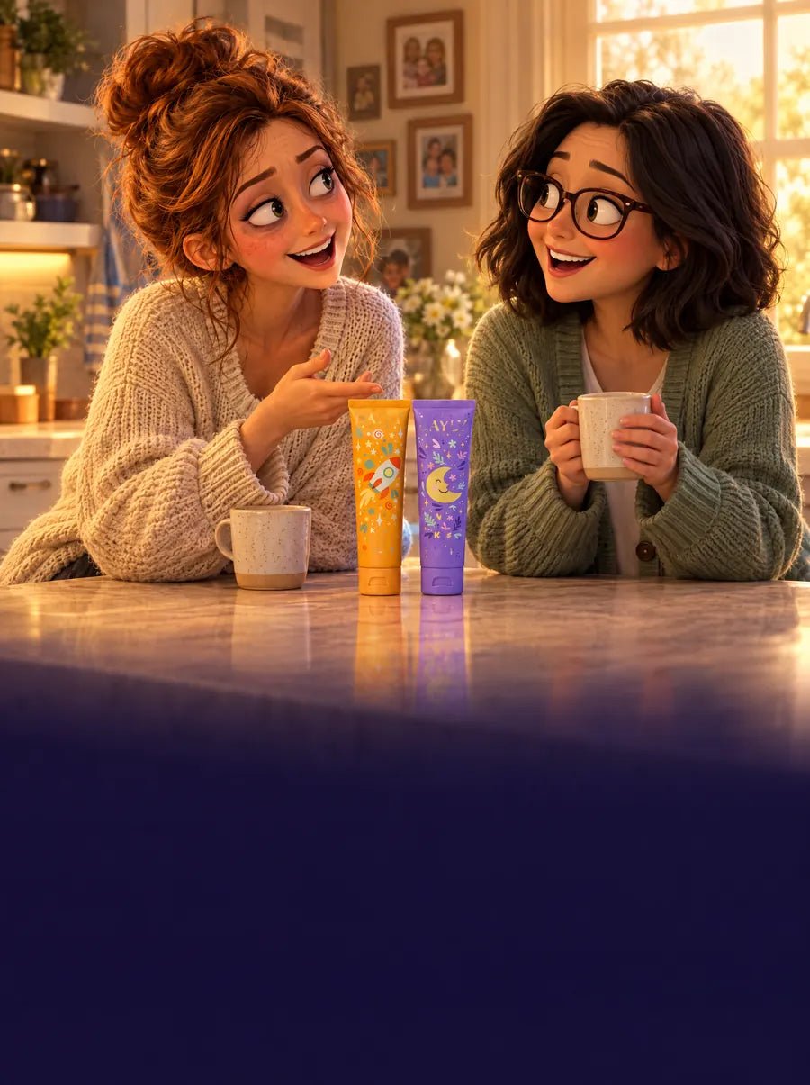 Two moms laugh over coffee with DAYLY Kids toothpaste on the counter